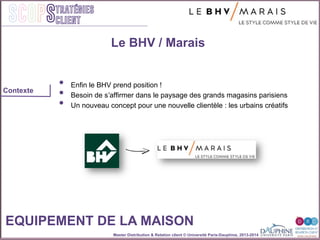 Master Distribution & Relation client © Université Paris-Dauphine, 2013-2014
SCOPStratégies
client
•  Enﬁn le BHV prend position ! "
•  Besoin de sʼafﬁrmer dans le paysage des grands magasins parisiens"
•  Un nouveau concept pour une nouvelle clientèle : les urbains créatifs"
Le BHV / Marais
EQUIPEMENT DE LA MAISON
Contexte
 