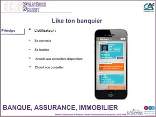 Master Distribution & Relation client © Université Paris-Dauphine, 2013-2014
SCOPStratégies
client
-  Se connecte
-  Accède aux conseillers disponibles
•  L’utilisateur :
Like ton banquier
-  Choisit son conseiller
-  Se localise
BANQUE, ASSURANCE, IMMOBILIER
Principe
 