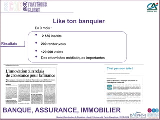 Master Distribution & Relation client © Université Paris-Dauphine, 2013-2014
SCOPStratégies
client
Like ton banquier
Résultats
En 3 mois :
•  2 550 inscrits
•  200 rendez-vous
•  120 000 visites
•  Des retombées médiatiques importantes
.
.
BANQUE, ASSURANCE, IMMOBILIER
 