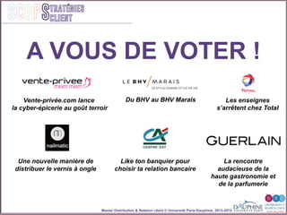 Master Distribution & Relation client © Université Paris-Dauphine, 2013-2014
SCOPStratégies
client
A VOUS DE VOTER !
Vente-privée.com lance
la cyber-épicerie au goût terroir
Une nouvelle manière de
distribuer le vernis à ongle
Du BHV au BHV Marais
Like ton banquier pour
choisir ta relation bancaire
La rencontre
audacieuse de la
haute gastronomie et
de la parfumerie
Les enseignes
s’arrêtent chez Total
 