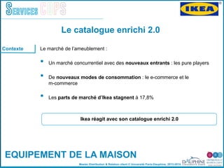 Master Distribution & Relation client © Université Paris-Dauphine, 2013-2014
Services COPS
"
Le marché de lʼameublement : "
"
•  Un marché concurrentiel avec des nouveaux entrants : les pure players"
"
•  De nouveaux modes de consommation : le e-commerce et le
m-commerce"
•  Les parts de marché dʼIkea stagnent à 17,8%"
!
!
Ikea réagit avec son catalogue enrichi 2.0!
Le catalogue enrichi 2.0
EQUIPEMENT DE LA MAISON
Contexte
 