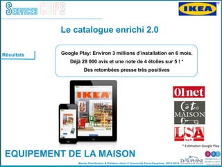 Master Distribution & Relation client © Université Paris-Dauphine, 2013-2014
Services COPS
Le catalogue enrichi 2.0
EQUIPEMENT DE LA MAISON
!
Google Play: Environ 3 millions dʼinstallation en 6 mois. !
Déjà 28 000 avis et une note de 4 étoiles sur 5 ! *!
Des retombées presse très positives !
*	
  Es2ma2on	
  Google	
  Play	
  	
  
Résultats
 