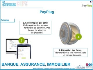 Master Distribution & Relation client © Université Paris-Dauphine, 2013-2014
Services COPS
Principe
3. Le client paie par carte
Il/elle reçoit un lien vers un
formulaire de paiement. Pas
besoin de s’inscrire
au préalable.
4. Réception des fonds.
Transférables à tout moment vers
un compte bancaire.
PayPlug
BANQUE, ASSURANCE, IMMOBILIER
 
