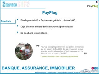 Master Distribution & Relation client © Université Paris-Dauphine, 2013-2014
Services COPS
Résultats •  Elu Gagnant du Prix Business Angel de la création 2013.
•  Déjà plusieurs milliers d’utilisateurs en à peine un an !
•  De très bons retours clients
PayPlug
BANQUE, ASSURANCE, IMMOBILIER
 
