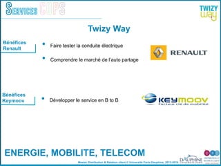 Master Distribution & Relation client © Université Paris-Dauphine, 2013-2014
Services COPS
Bénéfices
Renault
!
!
"!
•  Faire tester la conduite électrique
•  Comprendre le marché de l’auto partage
•  Développer le service en B to B
Bénéfices
Keymoov
Twizy Way
ENERGIE, MOBILITE, TELECOM!
 