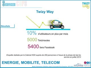 Master Distribution & Relation client © Université Paris-Dauphine, 2013-2014
Services COPS
Résultats
!
!
"
Enquête réalisée par le Cabinet HCK auprès de 200 personnes à l’issue de la phase de test du
service en juillet 2013
10% d’utilisateurs en plus par mois
5000 Twizinautes
5400fans Facebook
Twizy Way
ENERGIE, MOBILITE, TELECOM!
 