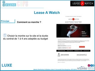 Master Distribution & Relation client © Université Paris-Dauphine, 2013-2014
Services COPS
Principe
Comment ca marche ?!
!
!
!
Lease A Watch!
LUXE
!
① Choisir la montre sur le site et la durée "
du contrat de 1 à 4 ans adaptée au budget"
"
 