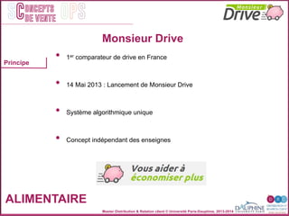 Master Distribution & Relation client © Université Paris-Dauphine, 2013-2014
SC OPSoncepts	
  	
  
de vente
ALIMENTAIRE
Principe
Monsieur Drive
•  1er comparateur de drive en France
•  14 Mai 2013 : Lancement de Monsieur Drive
•  Système algorithmique unique
•  Concept indépendant des enseignes
	
  	
  	
  	
  	
  	
  	
  
 
