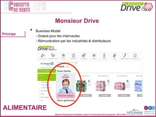 Master Distribution & Relation client © Université Paris-Dauphine, 2013-2014
SC OPSoncepts	
  	
  
de vente
ALIMENTAIRE
Monsieur Drive
Principe
•  Business Model
- Gratuit pour les internautes
- Rémunération par les industriels & distributeurs
	
  	
  	
  	
  	
  	
  	
  
 