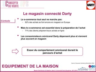 Master Distribution & Relation client © Université Paris-Dauphine, 2013-2014
SC OPSoncepts	
  	
  
de vente
•  Le e-commerce tout seul ne marche pas:
–  82% des achats se font encore en magasin en Europe
•  Mais le e-commerce est essentiel dans la préparation de l’achat
–  71% des clients préparent leurs achats en ligne
•  Les consommateurs omnicanal Darty dépensent plus et viennent
plus souvent en magasin
Le magasin connecté Darty
EQUIPEMENT DE LA MAISON
Contexte
Source:	
  Consumer	
  Commerce	
  Baromètre	
  2010	
  
Essor du comportement omnicanal durant le
parcours d’achat
 