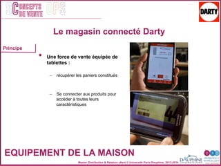 Master Distribution & Relation client © Université Paris-Dauphine, 2013-2014
SC OPSoncepts	
  	
  
de vente
EQUIPEMENT DE LA MAISON
Le magasin connecté Darty
•  Une force de vente équipée de
tablettes :
–  récupérer les paniers constitués
–  Se connecter aux produits pour
accéder à toutes leurs
caractéristiques
Principe
 