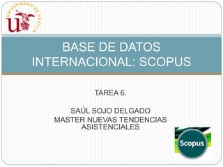 BASE DE DATOS 
INTERNACIONAL: SCOPUS 
TAREA 6. 
SAÚL SOJO DELGADO 
MASTER NUEVAS TENDENCIAS 
ASISTENCIALES 
 
