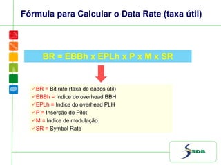 Fórmula para Calcular o Data Rate (taxa útil)
BR = EBBh x EPLh x P x M x SR
BR = Bit rate (taxa de dados útil)
EBBh = Indice do overhead BBH
EPLh = Indice do overhead PLH
P = Inserção do Pilot
M = Indice de modulação
SR = Symbol Rate
 