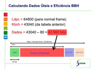 Calculando Dados Úteis e Eficiência BBH
Ldpc = 64800 (para normal frame)
Kbch = 43040 (da tabela anterior)
BBH Dados (Payload) BCH-FEC LDPC-FEC
80 bits
Kbch
Dados = 43040 – 80 = 42.960 bits
Nldpc = Normal Frame = 64.800 bits
 
