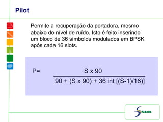 Pilot
Permite a recuperação da portadora, mesmo
abaixo do nível de ruído. Isto é feito inserindo
um bloco de 36 símbolos modulados em BPSK
após cada 16 slots.
P= S x 90
90 + (S x 90) + 36 int [(S-1)/16)]
 