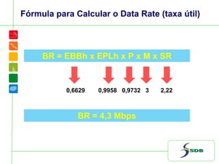 Fórmula para Calcular o Data Rate (taxa útil)
BR = EBBh x EPLh x P x M x SR
0,6629 0,9958 0,9732 3 2,22
BR = 4,3 Mbps
 