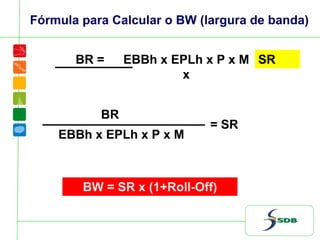 Fórmula para Calcular o BW (largura de banda)
EBBh x EPLh x P x M
x
SR
EBBh x EPLh x P x M
BR
= SR
BR =
BW = SR x (1+Roll-Off)
 