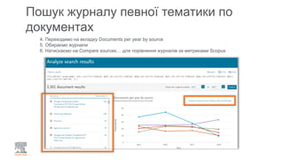 Пошук журналу певної тематики по
документах
4. Переходимо на вкладку Documents per year by source
5. Обираємо журнали
6. Натискаємо на Compare sources… для порівняння журналів за метриками Scopus
 