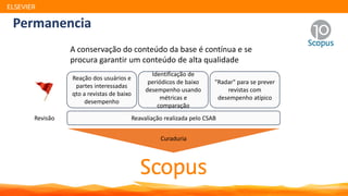 ELSEVIER
Identificação de
periódicos de baixo
desempenho usando
métricas e
comparação
"Radar" para se prever
revistas com
desempenho atípico
Reação dos usuários e
partes interessadas
qto a revistas de baixo
desempenho
Reavaliação realizada pelo CSAB
Curaduria
A conservação do conteúdo da base é contínua e se
procura garantir um conteúdo de alta qualidade
Revisão
Permanencia
 