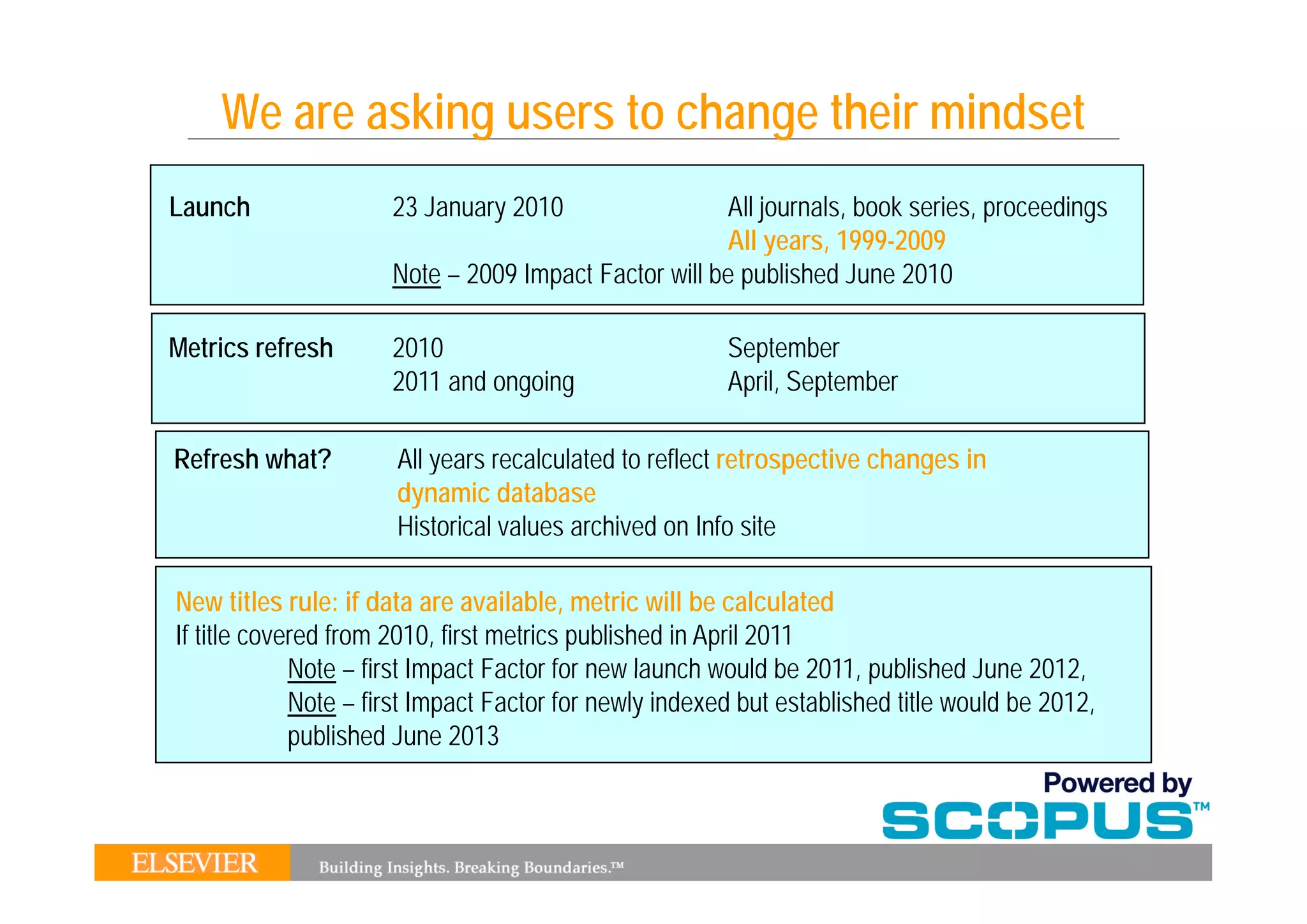 We are asking users to change their mindset
Launch                23 January 2010                 All journals, book series, proceedings
                                                      All years, 1999-2009
                                                           y    ,
                      Note – 2009 Impact Factor will be published June 2010

Metrics refresh       2010                              September
                      2011 and ongoing                  April, September

Refresh what?         All years recalculated to reflect retrospective changes in
                      dynamic database
                      Historical values archived on Info site

New titles rule: if data are available, metric will be calculated
If title covered from 2010, first metrics published in April 2011
             Note – first Impact Factor for new launch would be 2011, published June 2012,
                                                                  2011                  2012
             Note – first Impact Factor for newly indexed but established title would be 2012,
             published June 2013
 