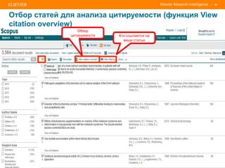 | 54
Отбор статей для анализа цитируемости (функция View
citation overview)
Кто ссылается на
ваши статьи
Обзор
цитируемости
 