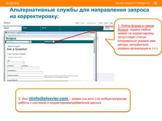 | 72
Альтернативные службы для направления запроса
на корректировку:
72
1. Online форма в самом
Scopus: подача любых
заявок на корректировку
(отсутствует статья,
неправильно указано имя
автора, неправильно
указана организация и т.п.)
2. Или nlinfo@elsevier.com – заявки (на англ.) по любым вопросам
работы с системой и корректировки/добавления данных.
 