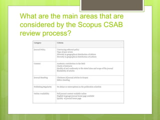 What are the main areas that are
considered by the Scopus CSAB
review process?
 