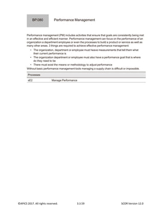 ©APICS 2017. All rights reserved. 3.3.59 SCOR Version 12.0
Performance Management
Performance management (PM) includes activities that ensure that goals are consistently being met
in an effective and efficient manner. Performance management can focus on the performance of an
organization a department employee or even the processes to build a product or service as well as
many other areas. 3 things are required to achieve effective performance management:
• The organization, department or employee must heave measurements that tell them what
their current performance is
• The organization department or employee must also have a performance goal that is where
do they need to be
• There must exist the means or methodology to adjust performance
Without basic performance management tools managing a supply chain is difficult or impossible.
sE2 Manage Performance
Processes
BP.080
 