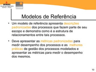 Modelos de Referência Um modelo de referência  apresenta   descrições padronizadas  dos processos que fazem parte de seu escopo e demonstra como é a estrutura de relacionamentos entre tais processos.  Deve apresentar as  métricas padronizadas  para medir desempenho dos processos e as  melhores práticas  de gestão dos processos modelados e apresentar as métricas para medir o desempenho dos mesmos.  
