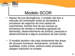 Modelo SCOR Apesar da sua abrangência, o modelo não tem a intenção de contemplar todas as atividades e processos de negócios de uma cadeia de suprimentos, ficando fora de seu escopo os processos de vendas e marketing (geração de demanda), desenvolvimento de produto, pesquisa e desenvolvimento e alguns processos de pós-venda.  O modelo também não trata diretamente das áreas de recursos humanos, treinamento, controle de qualidade, entre outras, embora estes processos estejam implícitos no modelo.  