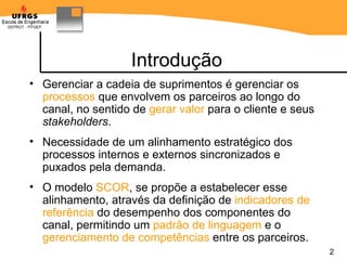 Introdução Gerenciar a cadeia de suprimentos é gerenciar os  processos  que envolvem os parceiros ao longo do canal, no sentido de  gerar valor  para o cliente e seus  stakeholders .  Necessidade de um alinhamento estratégico dos processos internos e externos sincronizados e puxados pela demanda.  O modelo  SCOR , se propõe a estabelecer esse alinhamento, através da definição de  indicadores de referência  do desempenho dos componentes do canal, permitindo um  padrão de linguagem  e o  gerenciamento de competências  entre os parceiros. 