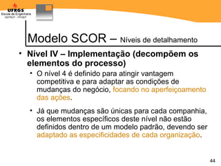 Modelo SCOR –  Níveis de detalhamento Nível IV – Implementação (decompõem os elementos do processo) O nível 4 é definido para atingir vantagem competitiva e para adaptar as condições de mudanças do negócio,  focando no aperfeiçoamento das ações .  Já que mudanças são únicas para cada companhia, os elementos específicos deste nível não estão definidos dentro de um modelo padrão, devendo ser  adaptado as especificidades de cada organização . 