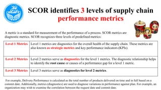 Level 1 Metrics Level 1 metrics are diagnostics for the overall health of the supply chain. These metrics are
also known as strategic metrics and key performance indicators (KPIs).
Level 2 Metrics Level 2 metrics serve as diagnostics for the level 1 metrics. The diagnostic relationship helps
to identify the root cause or causes of a performance gap for a level 1 metric.
Level 3 Metrics Level 3 metrics serve as diagnostics for level 2 metrics.
A metric is a standard for measurement of the performance of a process. SCOR metrics are
diagnostic metrics. SCOR recognizes three levels of predefined metrics:
SCOR identifies 3 levels of supply chain
performance metrics
For example, Delivery Performance is calculated as the total number of products delivered on time and in full based on a
commit date. Additionally, metrics (diagnostics) are used to diagnose variations in performance against plan. For example, an
organization may wish to examine the correlation between the request date and commit date.
 