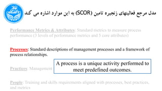 ‫تامین‬ ‫زنجیره‬ ‫فعالیتهای‬ ‫مرجع‬ ‫مدل‬(SCOR)‫کند‬ ‫می‬ ‫اشاره‬ ‫موارد‬ ‫این‬ ‫به‬
Performance Metrics & Attributes: Standard metrics to measure process
performance (3 levels of performance metrics and 5 core attributes)
Processes: Standard descriptions of management processes and a framework of
process relationships.
Practices: Management practices that produce best-in-class performance
People: Training and skills requirements aligned with processes, best practices,
and metrics
A process is a unique activity performed to
meet predefined outcomes.
 