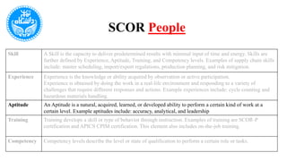 SCOR People
Skill A Skill is the capacity to deliver predetermined results with minimal input of time and energy. Skills are
further defined by Experience, Aptitude, Training, and Competency levels. Examples of supply chain skills
include: master scheduling, import/export regulations, production planning, and risk mitigation.
Experience Experience is the knowledge or ability acquired by observation or active participation.
Experience is obtained by doing the work in a real-life environment and responding to a variety of
challenges that require different responses and actions. Example experiences include: cycle counting and
hazardous materials handling.
Aptitude An Aptitude is a natural, acquired, learned, or developed ability to perform a certain kind of work at a
certain level. Example aptitudes include: accuracy, analytical, and leadership
Training Training develops a skill or type of behavior through instruction. Examples of training are SCOR-P
certification and APICS CPIM certification. This element also includes on-the-job training.
Competency Competency levels describe the level or state of qualification to perform a certain role or tasks.
 