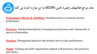 ‫تامین‬ ‫زنجیره‬ ‫فعالیتهای‬ ‫مرجع‬ ‫مدل‬(SCOR)‫کند‬ ‫می‬ ‫اشاره‬ ‫موارد‬ ‫این‬ ‫به‬
Performance Metrics & Attributes: Standard metrics to measure process
performance
Processes: Standard descriptions of management processes and a framework of
process relationships
Practices: Management practices that produce best-in-class performance
People: Training and skills requirements aligned with processes, best practices,
and metrics
 