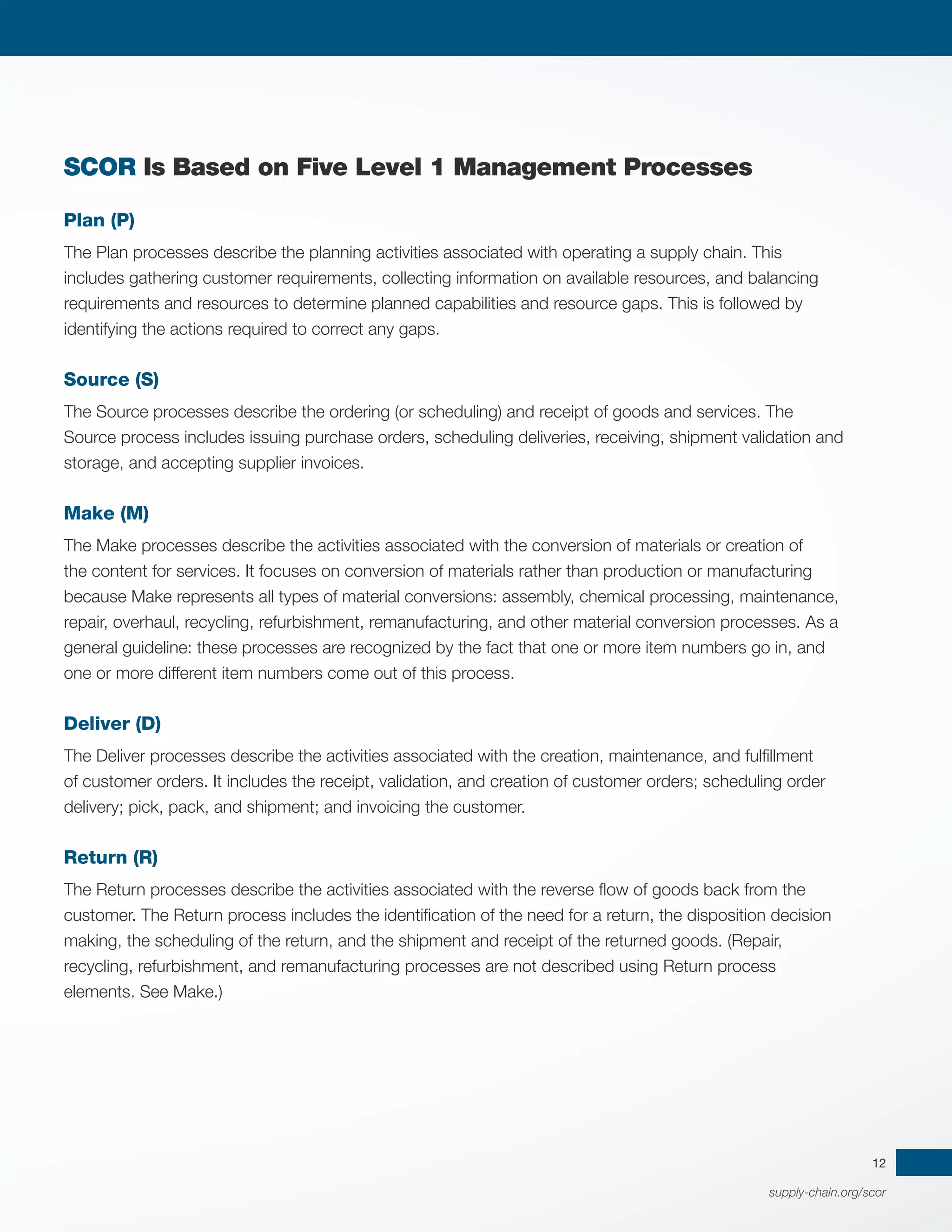 supply-chain.org/scor
12
SCOR Is Based on Five Level 1 Management Processes
Plan (P)
The Plan processes describe the planning activities associated with operating a supply chain. This
includes gathering customer requirements, collecting information on available resources, and balancing
requirements and resources to determine planned capabilities and resource gaps. This is followed by
identifying the actions required to correct any gaps.
Source (S)
The Source processes describe the ordering (or scheduling) and receipt of goods and services. The
Source process includes issuing purchase orders, scheduling deliveries, receiving, shipment validation and
storage, and accepting supplier invoices.
Make (M)
The Make processes describe the activities associated with the conversion of materials or creation of
the content for services. It focuses on conversion of materials rather than production or manufacturing
because Make represents all types of material conversions: assembly, chemical processing, maintenance,
repair, overhaul, recycling, refurbishment, remanufacturing, and other material conversion processes. As a
general guideline: these processes are recognized by the fact that one or more item numbers go in, and
one or more different item numbers come out of this process.
Deliver (D)
The Deliver processes describe the activities associated with the creation, maintenance, and fulfillment
of customer orders. It includes the receipt, validation, and creation of customer orders; scheduling order
delivery; pick, pack, and shipment; and invoicing the customer.
Return (R)
The Return processes describe the activities associated with the reverse flow of goods back from the
customer. The Return process includes the identification of the need for a return, the disposition decision
making, the scheduling of the return, and the shipment and receipt of the returned goods. (Repair,
recycling, refurbishment, and remanufacturing processes are not described using Return process
elements. See Make.)
 