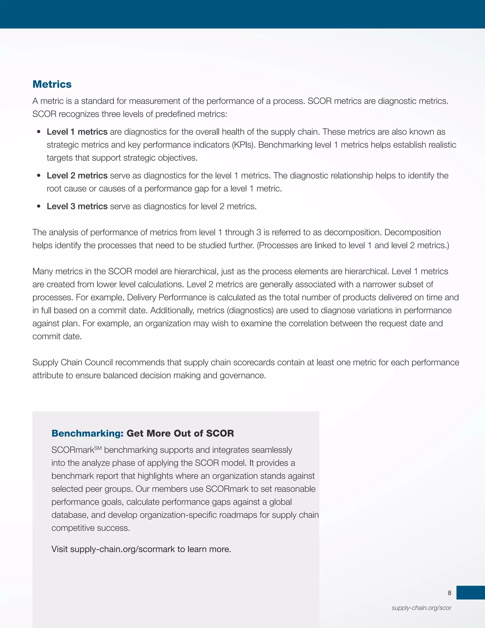 supply-chain.org/scor
8
Metrics
A metric is a standard for measurement of the performance of a process. SCOR metrics are diagnostic metrics.
SCOR recognizes three levels of predefined metrics:
•	 Level 1 metrics are diagnostics for the overall health of the supply chain. These metrics are also known as
strategic metrics and key performance indicators (KPIs). Benchmarking level 1 metrics helps establish realistic
targets that support strategic objectives.
•	 Level 2 metrics serve as diagnostics for the level 1 metrics. The diagnostic relationship helps to identify the
root cause or causes of a performance gap for a level 1 metric.
•	 Level 3 metrics serve as diagnostics for level 2 metrics.
The analysis of performance of metrics from level 1 through 3 is referred to as decomposition. Decomposition
helps identify the processes that need to be studied further. (Processes are linked to level 1 and level 2 metrics.)
Many metrics in the SCOR model are hierarchical, just as the process elements are hierarchical. Level 1 metrics
are created from lower level calculations. Level 2 metrics are generally associated with a narrower subset of
processes. For example, Delivery Performance is calculated as the total number of products delivered on time and
in full based on a commit date. Additionally, metrics (diagnostics) are used to diagnose variations in performance
against plan. For example, an organization may wish to examine the correlation between the request date and
commit date.
Supply Chain Council recommends that supply chain scorecards contain at least one metric for each performance
attribute to ensure balanced decision making and governance.
Benchmarking: Get More Out of SCOR
SCORmarkSM
benchmarking supports and integrates seamlessly
into the analyze phase of applying the SCOR model. It provides a
benchmark report that highlights where an organization stands against
selected peer groups. Our members use SCORmark to set reasonable
performance goals, calculate performance gaps against a global
database, and develop organization-specific roadmaps for supply chain
competitive success.
Visit supply-chain.org/scormark to learn more.
 
