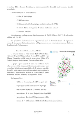 26/02/2014 16 
et très haut débit à des prix abordables, de développer une offre diversifiée multi-opérateur et multi- technologie. 
Les caractéristiques du réseau jurassien : 
 450 km de fibre optique 
 47 NRA dégroupés 
 45 ZA raccordées à la fibre optique (en limite publique de ZAE) 
 45 stations Wimax et six pylônes de rebond par faisceau hertzien 
 32 faisceaux hertziens. 
L’investissement total de premier établissement est de 27,551 M€ dont 55,17 % de subvention publique soit 15,2 M€. 
Des procédures contentieuses sont cependant en cours et devraient aboutir à la rupture du contrat de concession. Ceci amènerait alors le Département du Jura à rechercher une nouvelle forme d’exploitation de l’infrastructure. 
Réseau de boucle locale haut débit du SMAU 
Le syndicat mixte de l’aire urbaine Belfort-Montbéliard- Héricourt-Delle (SMAU) a conclu le 15 mars 2008 une DSP avec Alliance Connectic, société issue du groupement Eiffage-SFR Collectivités, pour le déploiement d’un réseau haut débit. 
Le projet a pour objectif de créer les conditions d’une offre concurrentielle et de qualité de réseaux et de services haut et très haut débit à des prix abordables, de développer une offre diversifiée multi-opérateur et multi-technologie, de compléter la couverture à haut débit du territoire et de résorber les zones d’ombres et blanches. Ce réseau est aujourd’hui finalisé. 
Quelques chiffres : 
 325 km en fibre optique, dont 145 en génie civil 
 dégroupage de 19 NRA non encore dégroupés 
 mise en place de près de 52 antennes WifiMax 
 raccordement de 68 zones d’activités dont 9 en FTTB 
 raccordement d'environ 130 établissements publics 
 travaux de 1er établissement : 18 M€ dont 8 M€ environ de subventions. 
 