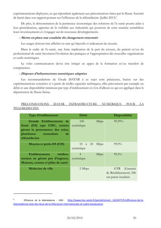 26/02/2014 50 
expérimentations déployées, ce qui répondrait également aux préconisations faites par la Haute Autorité de Santé dans son rapport portant sur l’efficience de la télémédecine (Juillet 2013)9. 
De plus, la démonstration de la pertinence économique des solutions de l’e-santé pourra aider à leur généralisation, apporter de la visibilité aux industriels qui pourront de cette manière rentabiliser leurs investissements et s’engager sur de nouveaux développements. 
- Mettre en place une conduite du changement structurée 
Les usages doivent être affichés en tant qu’objectifs et indicateurs de réussite. 
Dans le cadre de l’e-santé, une forte implication de la part du citoyen, du patient et/ou du professionnel de santé favorisera l’évolution des pratiques et l’appropriation des nouvelles organisations et outils numériques. 
Le volet communication devra être intégré en appui de la formation et/ou transfert de compétences. 
- Disposer d’infrastructures numériques adaptées 
Les recommandations de l’étude DATAR à ce sujet sont précieuses, basées sur des expérimentations concrètes et à partir de réelles capacités techniques, elles préconisent par exemple un débit et une disponibilité minimum par type d’établissement et c’est d’ailleurs ce qui est appliqué dans le département de Haute-Saône. 
PRECONISATIONS DATAR INFRASTRUCTURE NUMERIQUE POUR LA TELEMEDECINE Type d’établissement Débit Disponibilité Grands Etablissements de Santé (ES) type CHU, centres gérant la permanence des soins, plateforme mutualisée de télémédecine 100 Mbps symétrique 99,99% Moyens et petits ES (CH) 10 à 20 Mbps symétrique 99,9% Etablissements médico- sociaux ne gérant pas d’urgence, Maisons, centres et pôles de santé 4 Mbps symétrique 99,5% Médecine de ville 2 Mbps GTR (Garantie de Rétablissement) 24h sur panne localisée 
9 Efficience de la télémédecine - HAS : http://www.has-sante.fr/portail/jcms/c_1622477/fr/efficience-de-la- telemedecine-etat-des-lieux-de-la-litterature-internationale-et-cadre-devaluation  