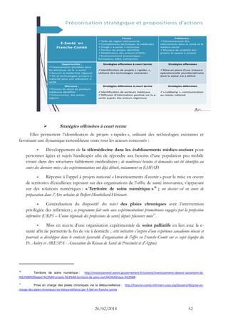 26/02/2014 52 
Préconisation stratégique et propositions d’actions 
E-Santé en 
Franche-Comté 
Forces : 
Taille de région intéressante 
Compétences techniques et médicales 
Image « e-santé » reconnue 
Porteur de projets identifiés 
Mobilisation des acteurs (COPIL) 
Environnement économique : 
formations, R&D, entreprises 
Faiblesses : 
Cloisonnement des 
intervenants dans la santé et le 
médico-social 
Manque de visibilité des 
projets et appels à projets 
Opportunités : 
Financements possibles dans 
les domaines de la e-santé 
Assurer le leadership régional 
TIC et technologies arrivant à 
maturité pour une utilisation e-santé 
Stratégies offensives à court terme 
Identification de projets « rapides », 
utilisant des technologies existantes 
Stratégies offensives 
Mise en place d’une instance 
opérationnelle pluridisciplinaire 
dont le statut est à définir 
Menaces : 
Érosion du stock de porteurs 
médicaux identifiés 
Concurrence des autres 
régions 
Stratégies défensives à court terme 
Identification de porteurs médicaux 
Diffusion d’information positive sur la e-santé 
auprès des acteurs régionaux 
Stratégies défensives 
« Lobbying », communication 
au niveau national 
 Stratégies offensives à court terme 
Elles permettent l’identification de projets « rapides », utilisant des technologies existantes et 
favorisant une dynamique rassembleuse entre tous les acteurs concernés : 
- Développement de la télémédecine dans les établissements médico-sociaux pour 
personnes âgées et sujets handicapés afin de répondre aux besoins d’une population peu mobile 
vivant dans des structures faiblement médicalisées ; de nombreux besoins et demandes ont été identifiés au 
cours des derniers mois ; des expérimentations ont déjà débuté, notamment en EHPAD. 
- Réponse à l’appel à projets national « Investissements d’avenir » pour la mise en oeuvre 
de territoires d’excellence reposant sur des organisations de l’offre de santé innovantes, s’appuyant 
sur des solutions numériques : « Territoire de soins numérique » 10 ; un dossier est en cours de 
préparation dans l’Aire urbaine de Belfort-Montbéliard-Héricourt. 
- Généralisation du dispositif du suivi des plaies chroniques avec l’intervention 
privilégiée des infirmiers ; ce programme fait suite aux expérimentations prometteuses engagées par la profession 
infirmière (URPS – Union régionale des professions de santé) depuis plusieurs mois11. 
- Mise en oeuvre d’une organisation expérimentale de soins palliatifs en lien avec la e-santé 
afin de permettre la fin de vie à domicile ; cette initiative s’inspire d’une expérience canadienne réussie et 
pourrait se développer dans le contexte favorable d’organisation de l’offre en Franche-Comté sur ce sujet (équipe du 
Pr. Aubry et ARESPA - Association du Réseau de Santé de Proximité et d'Appui) 
10 Territoire de soins numérique : http://investissement-avenir.gouvernement.fr/content/investissements-davenir-lancement-de-l% 
E2%80%99appel-%C3%A0-projets-%C2%AB-territoire-de-soins-num%C3%A9rique-%C2%BB 
11 Prise en charge des plaies chroniques via la télésurveillance : http://franche-comte.infirmiers-urps.org/dossiers/40/prise-en-charge- 
des-plaies-chroniques-via-telesurveillance-par-4-idel-en-franche-comte 
 