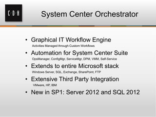 System Center Orchestrator
• Graphical IT Workflow Engine
Activities Managed through Custom Workflows
• Automation for Sys...