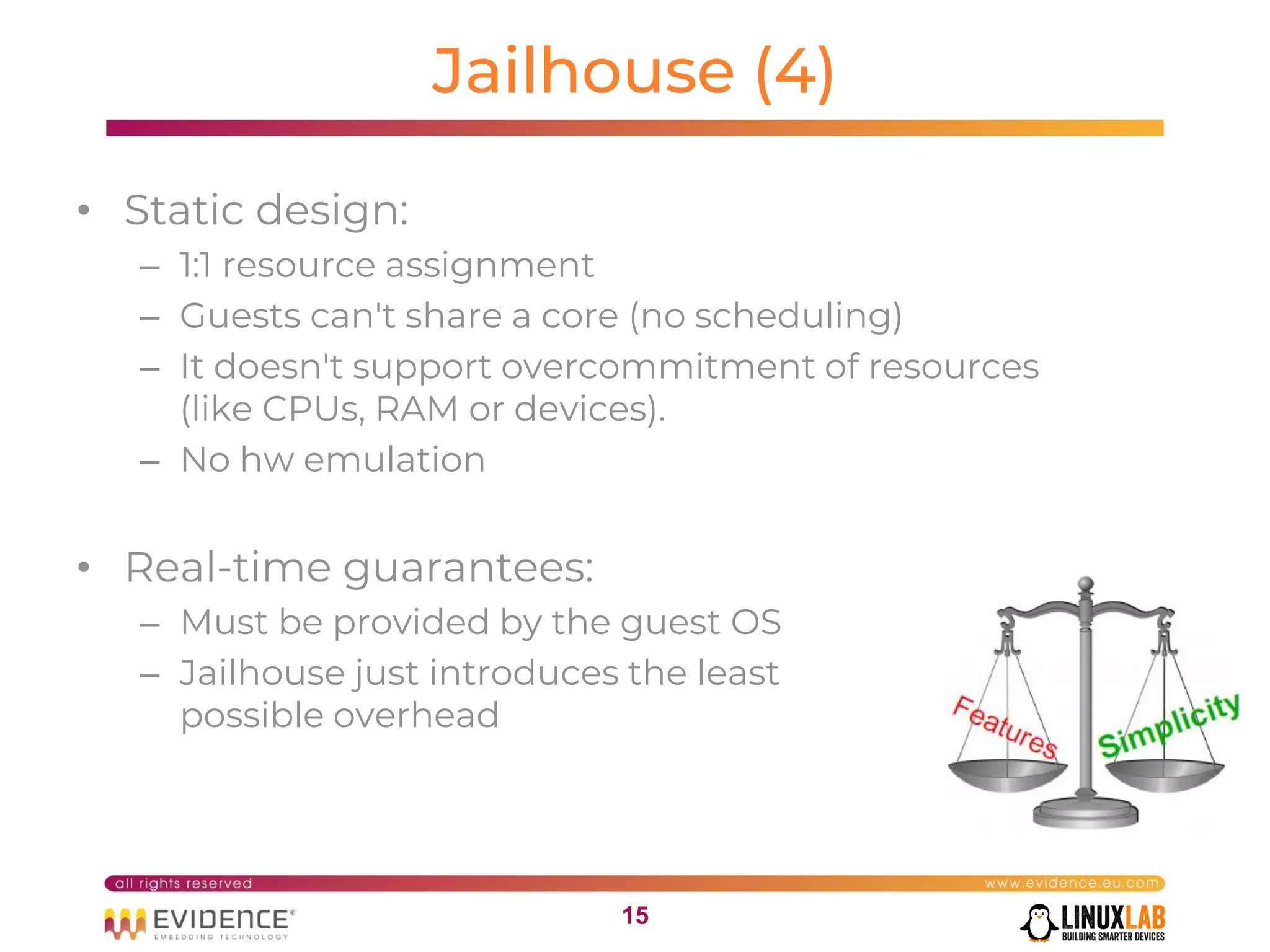 1515
Jailhouse (4)
• Static design:
– 1:1 resource assignment
– Guests can't share a core (no scheduling)
– It doesn't support overcommitment of resources
(like CPUs, RAM or devices).
– No hw emulation
• Real-time guarantees:
– Must be provided by the guest OS
– Jailhouse just introduces the least
possible overhead
 