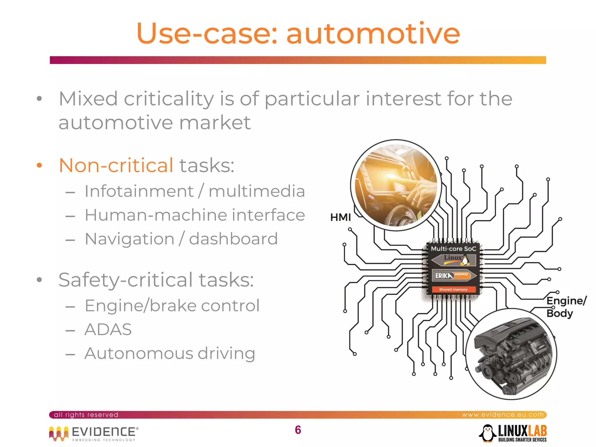 66
Use-case: automotive
• Mixed criticality is of particular interest for the
automotive market
• Non-critical tasks:
– Infotainment / multimedia
– Human-machine interface
– Navigation / dashboard
• Safety-critical tasks:
– Engine/brake control
– ADAS
– Autonomous driving
 