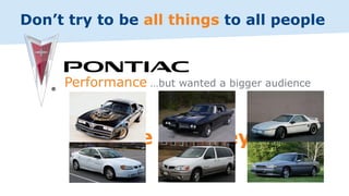 Where are they now?
Don’t try to be all things to all people
Performance …but wanted a bigger audience
 