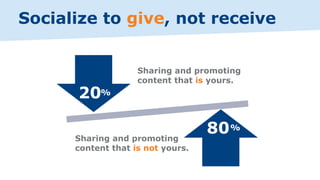 Socialize to give, not receive
Sharing and promoting
content that is not yours.
Sharing and promoting
content that is yours.
80%
20%
 
