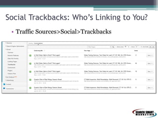 Social Trackbacks: Who’s Linking to You?
• Traffic Sources>Social>Trackbacks
 