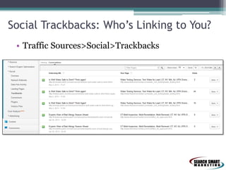 Social Trackbacks: Who’s Linking to You?
• Traffic Sources>Social>Trackbacks

 