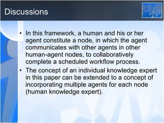 Discussions In this framework, a human and his or her agent constitute a node, in which the agent communicates with other agents in other human-agent nodes, to collaboratively complete a scheduled workflow process. The concept of an individual knowledge expert in this paper can be extended to a concept of incorporating multiple agents for each node (human knowledge expert). 