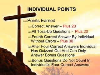 Points Earned Correct Answer –  Plus 20 All Toss-Up Questions -  Plus 20 Fourth Correct Answer By Individual Without Errors –  Plus 30 After Four Correct Answers Individual Has Quizzed Out And Can Only Answer Bonus Questions Bonus Questions Do Not Count In Individual’s Four Correct Answers INDIVIDUAL POINTS 